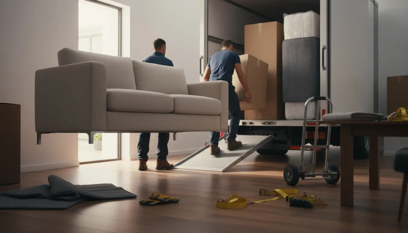 To personer fører en stor sofa ind i en åben, ubrandet flyttevogn ved et hus med flyttetæpper og dolly.