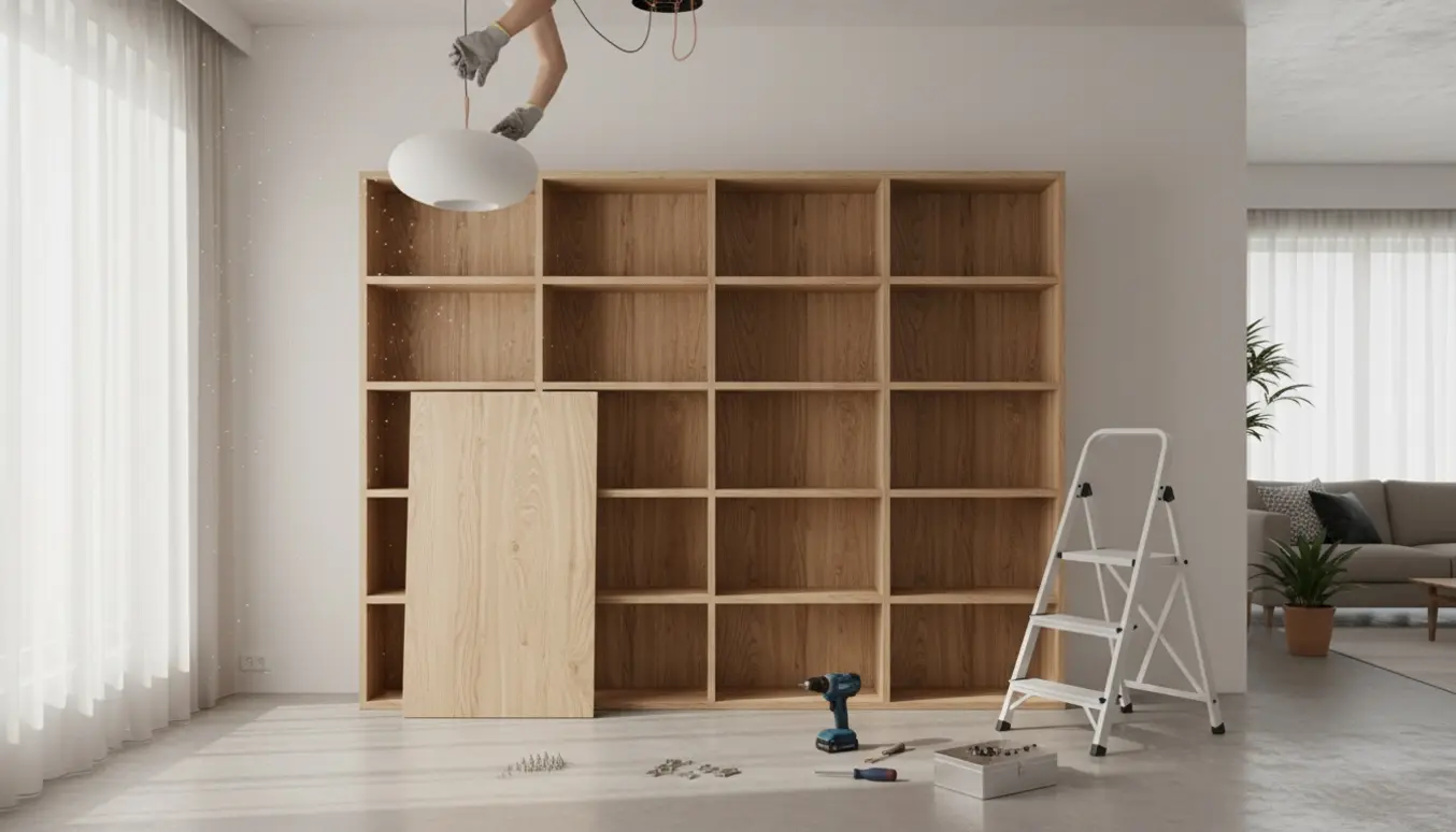 Stor træreol med bagbeklædning delvist fjernet og en loftslampe ved ophængning.