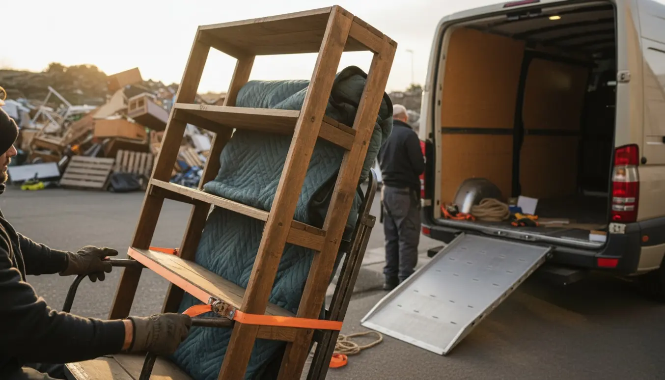 En reol læsses ind i en varevogn på en indkørsel med sækkevogn og stropper.