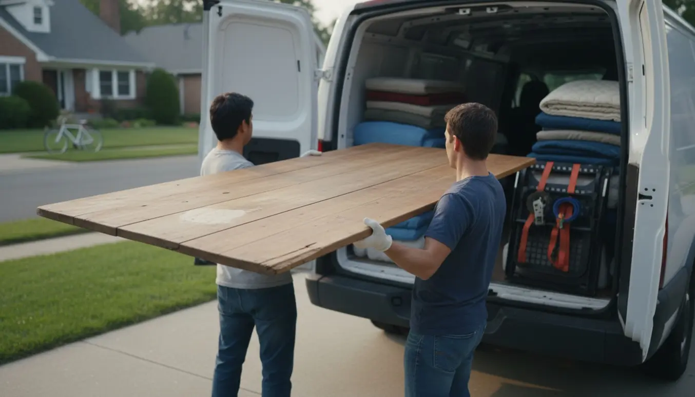 Et slidt bord løftes ind i bagagerummet på en varevogn ved en indkørsel, klar til afhentning som storskrald.
