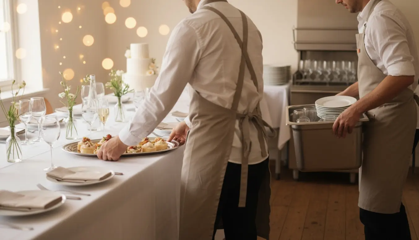 To serveringsmedarbejdere i forklæder dækker bord og lægger tallerkener i en opvaskebakke ved en hvidt dækket festbord.