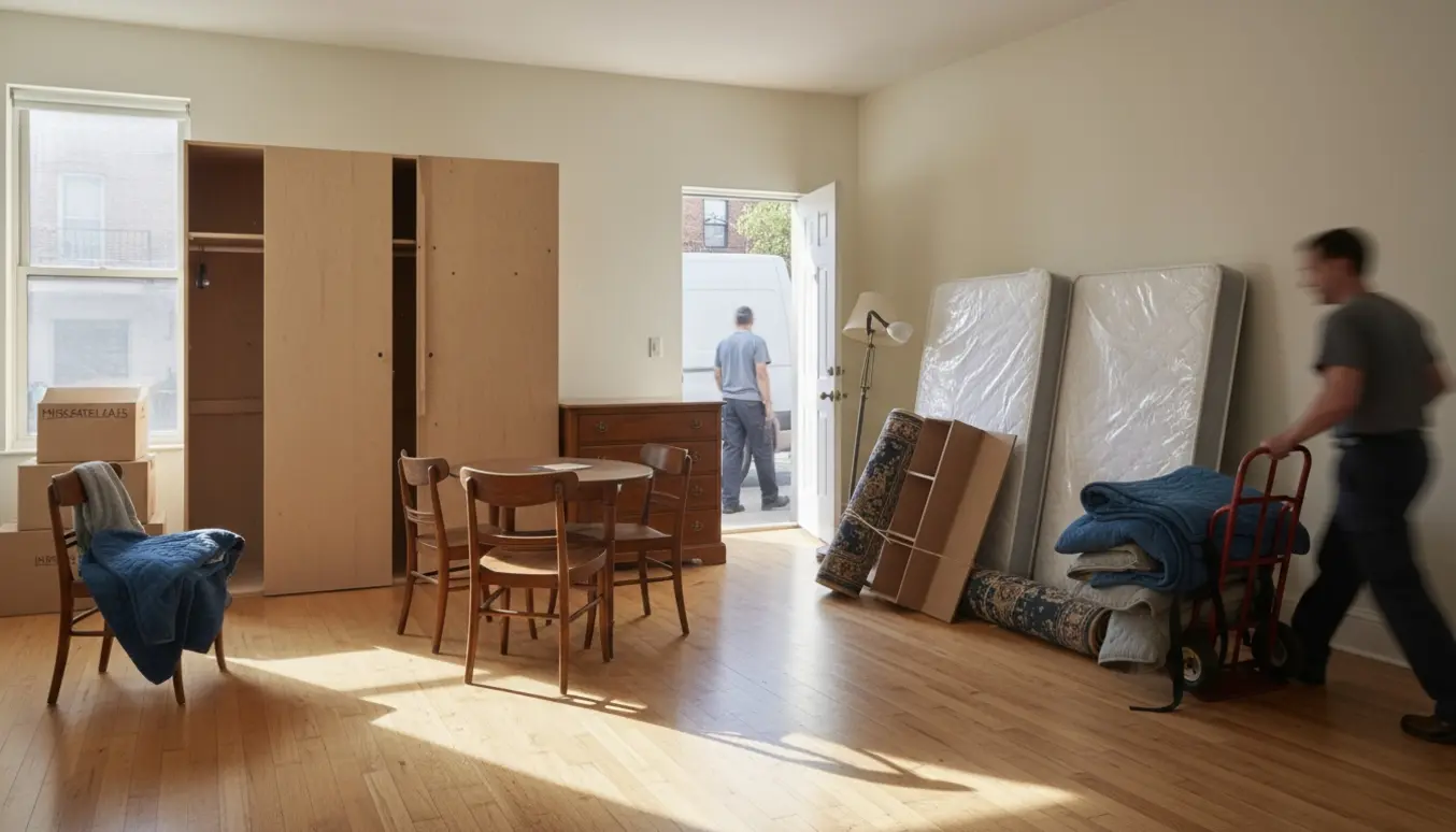 Lys lejlighed med nedtagne møbler, madrasser og storskrald samlet ved døren klar til afhentning.