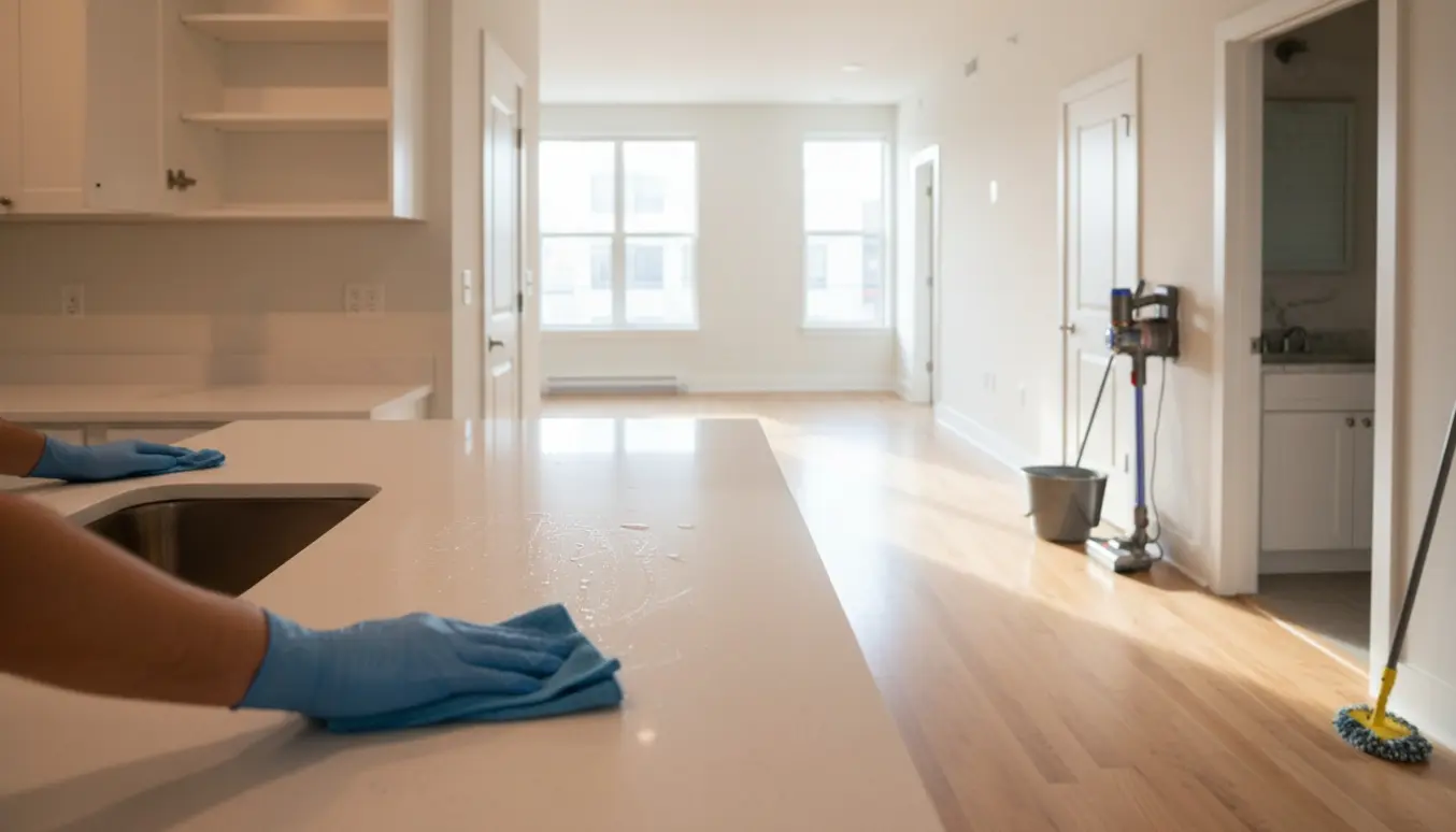 Nyligt rengjort lejlighed ved fraflytning med handsker, microfiberklud, moppe og skinnende overflader.