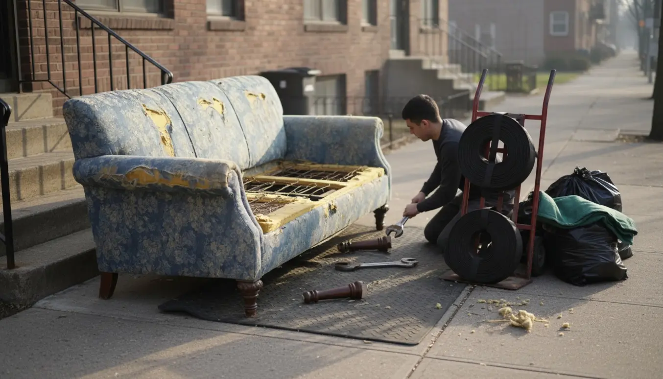 En gammel slidt sofa på fortovet ved en opgang, en person set bagfra fjerner ben og forbereder den til bortskaffelse.