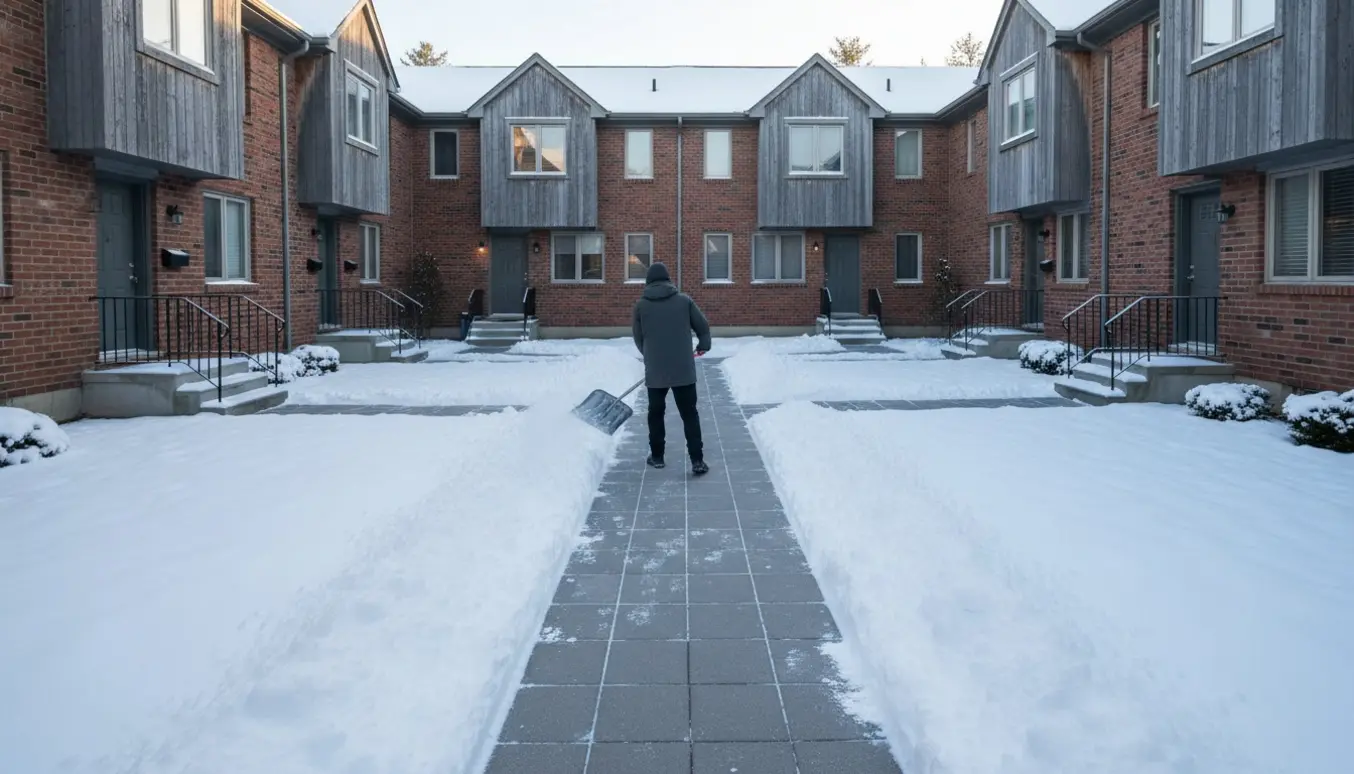 Rækkehuse med en nyryddet, smal gangsti i sne og en person, der skovler sne væk.