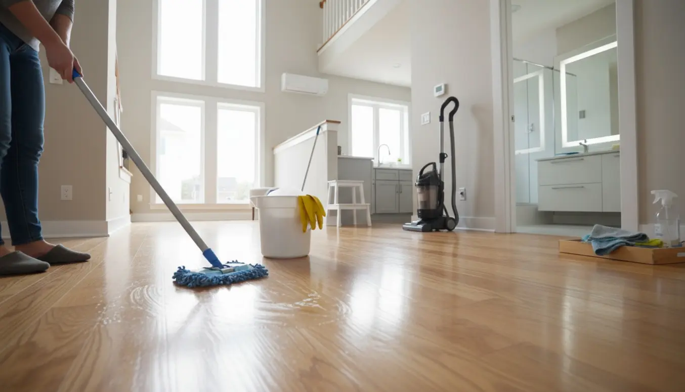 Soloplyst indre af et rækkehus i tre etager under rengøring med moppe, støvsuger, vinduespudser og skinnende køkken og badeværelse.