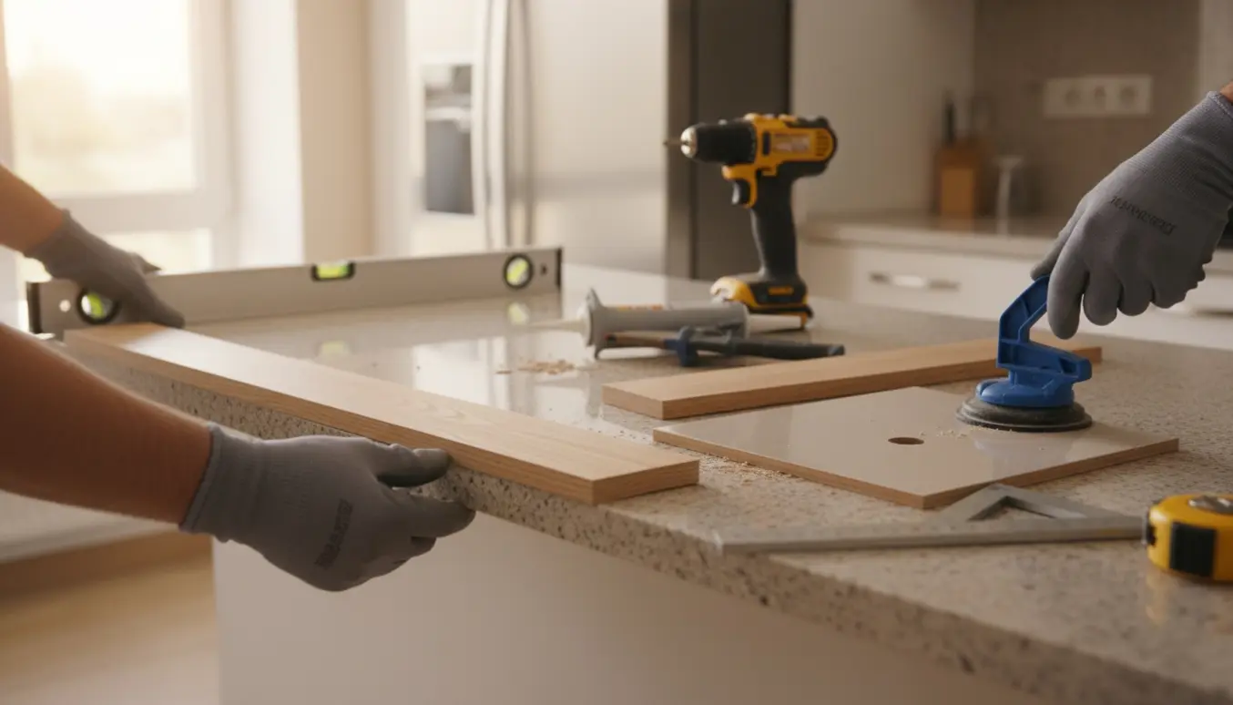 Hænder monterer to lister i et lyst køkken med vaterpas på køleskabet og værktøj på bordet.