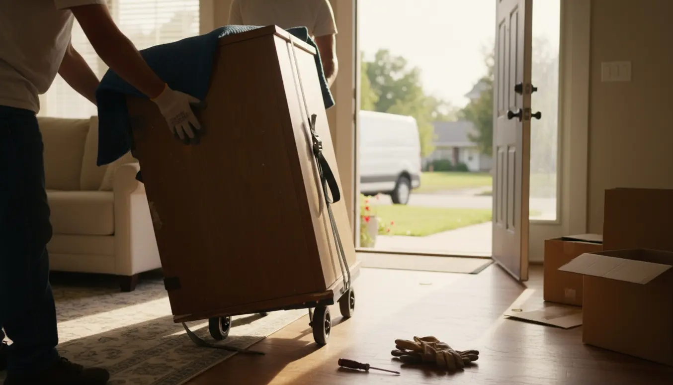 Et skab på en flyttevogn bliver fjernet fra en lys stue med flytteudstyr og åben dør mod en flyttevogn.