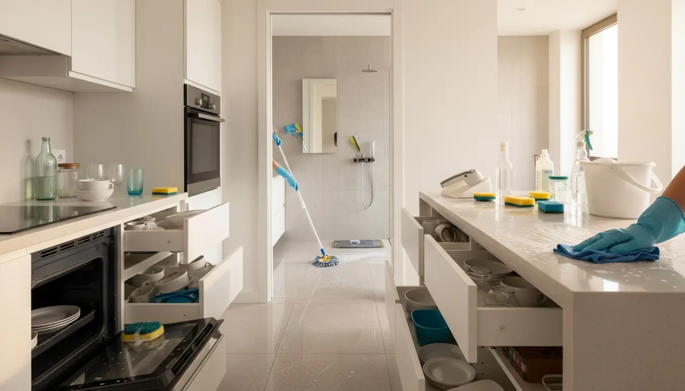 Hovedrengøring i køkken og badeværelse med handsker, klude, rengøringsmidler og åbne skabe.