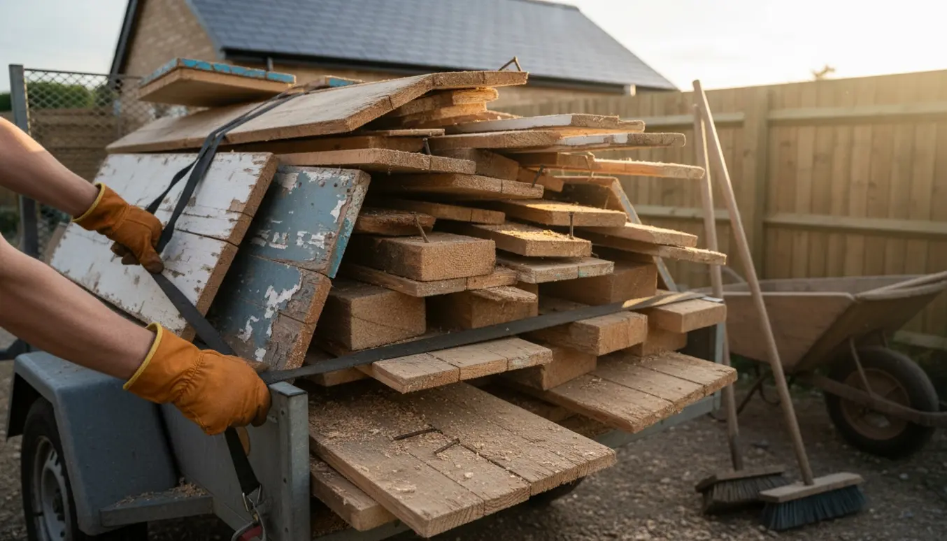 Bunke af træbyggeaffald lastes i trailer ved en kolonihavehytte.