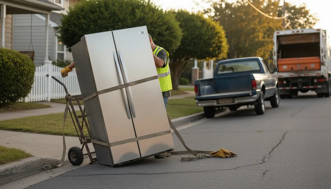 Et stort amerikansk køleskab står ved kantstenen klar til afhentning med håndtruck og lastbil i baggrunden.