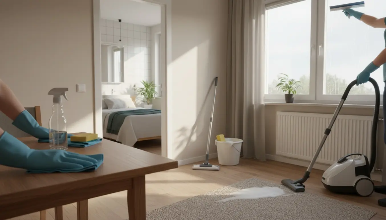 Solbelyst lejlighed under almindelig rengøring med støvsuger, moppe og klud i brug.