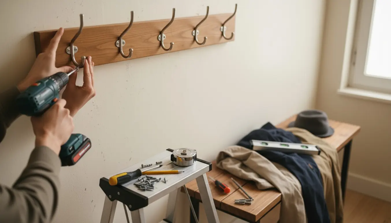 Hænder genopretter en knagerække i entreen med værktøj og jakker i baggrunden.