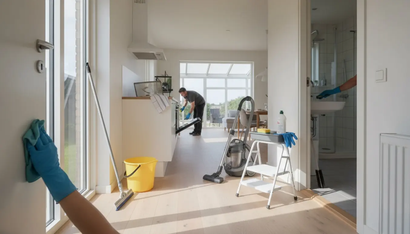Tom dansk villa under flytterengøring med rengøringsredskaber og handsker i fokus.