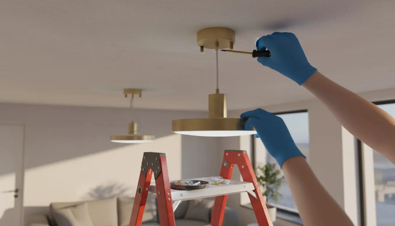 Hænder på en stige skruer to loftslamper fast i et lyst, moderne rum.