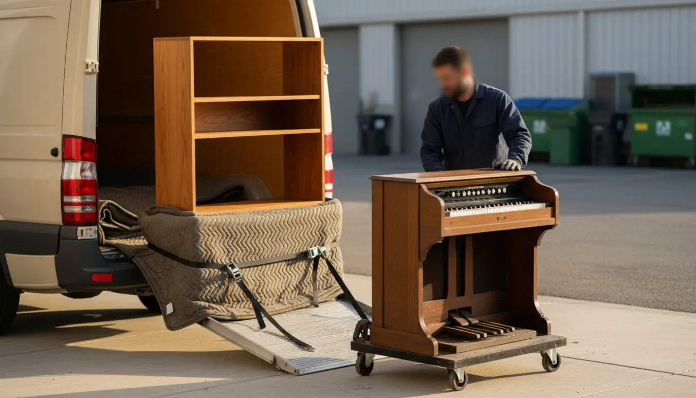 Teak reolvæg og træorgel læsses i en varevogn og sikres til afhentning og genbrug.