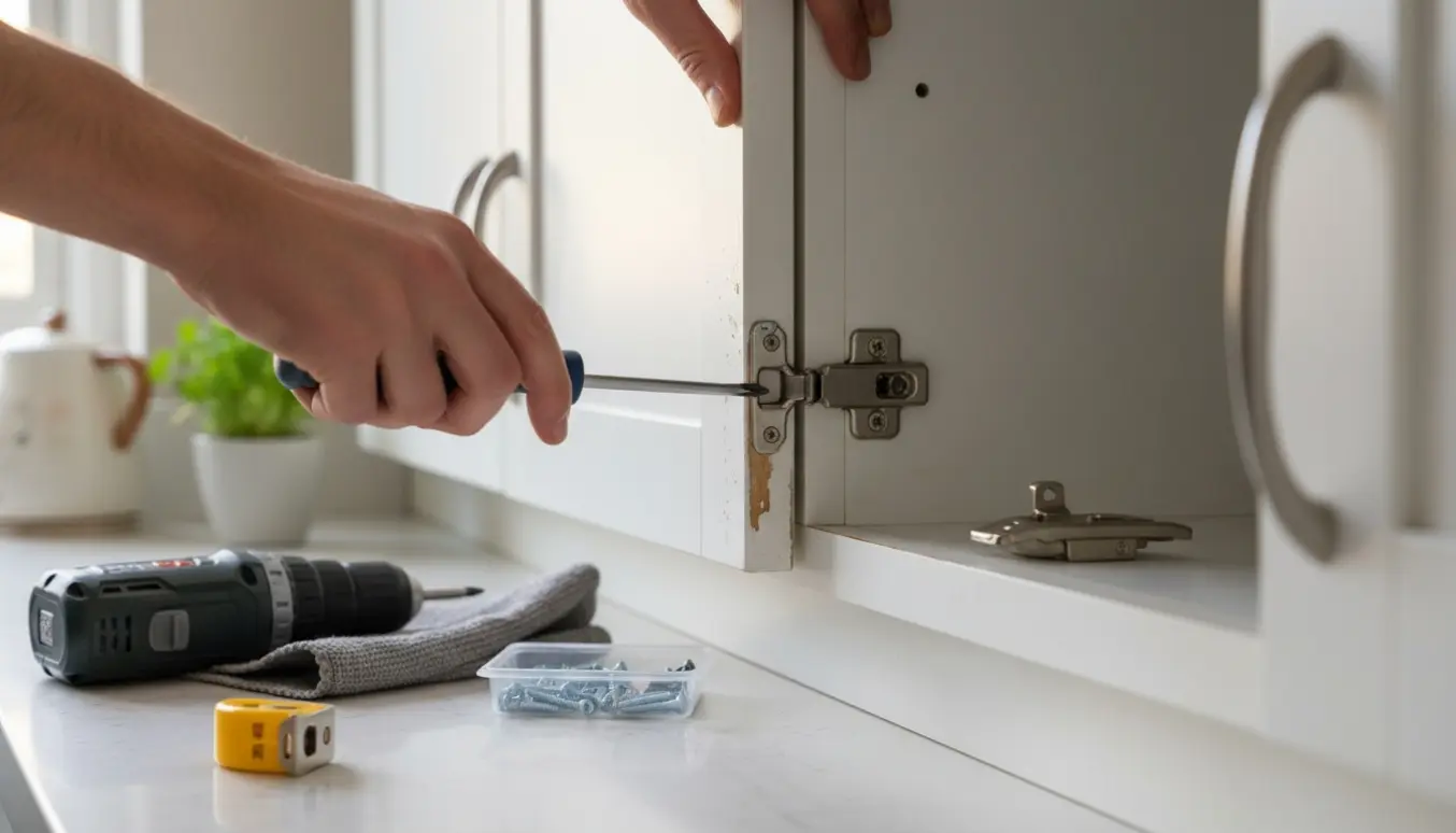 Hænder justerer en hængende køkkenlåge med en skruetrækker og længere skrue foran et lyst køkken.
