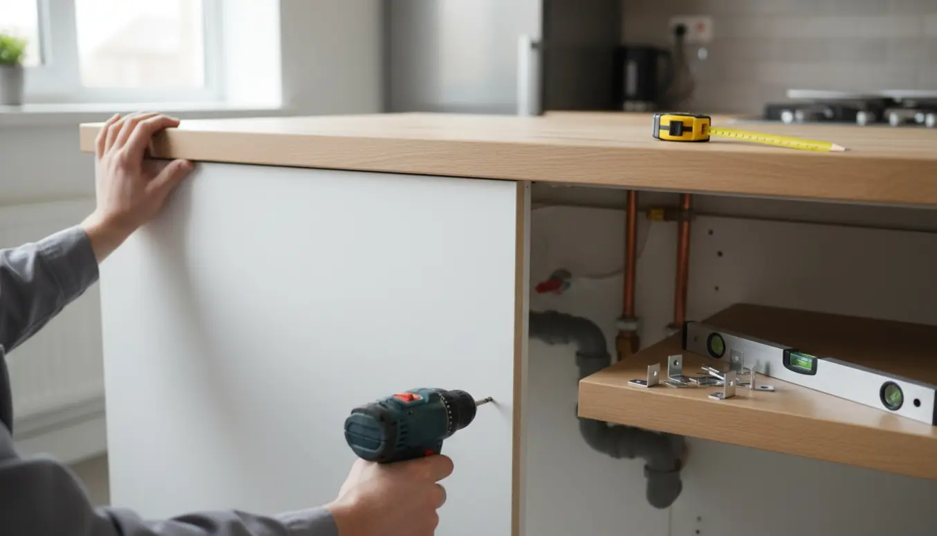 Hænder monterer en pæn hvid plade foran synlige køkkenrør med værktøj på bordet.