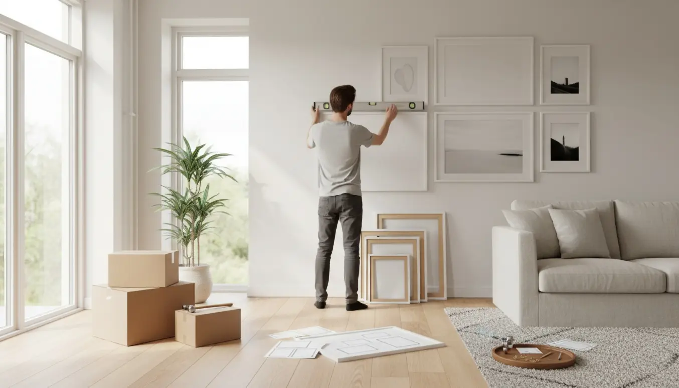 Lys lejlighed hvor to personer hænger 12 billeder på en hvid væg med flyttekasser og værktøj omkring dem.