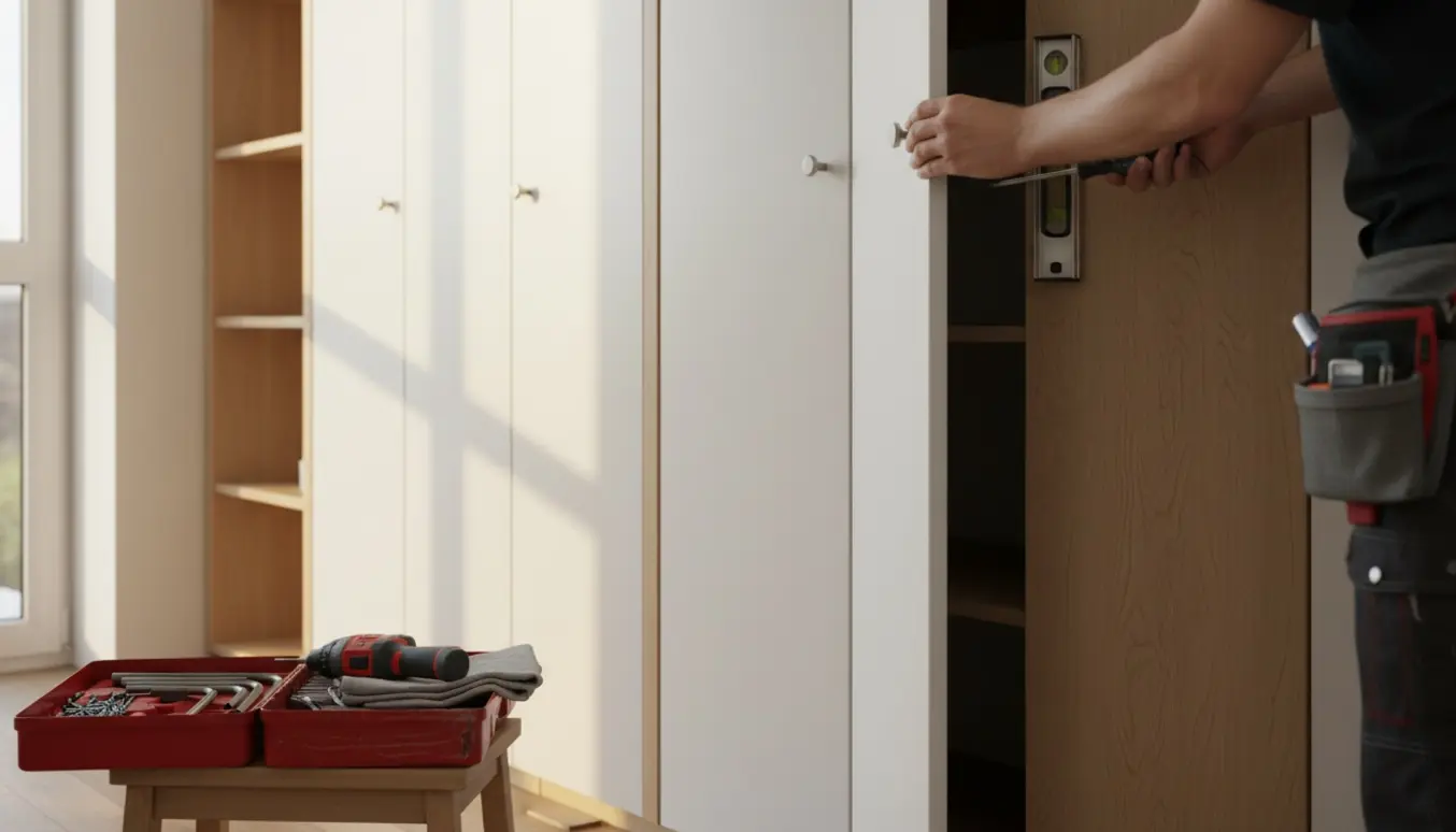 Hænder justerer skabslåger på to skabe og en reol med skruetrækker og vaterpas i et lyst rum.