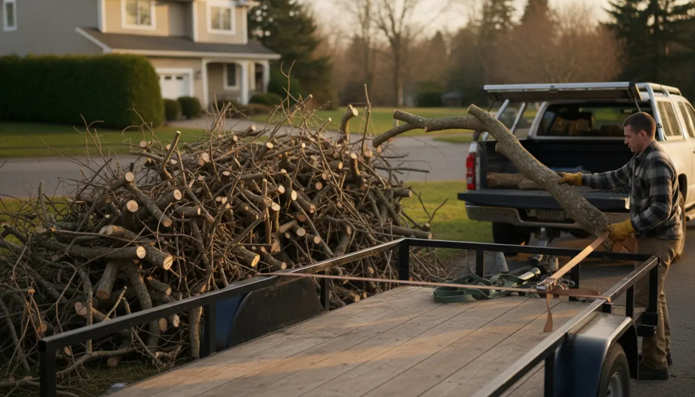Stor bunke bladløse grenafklip ved en trailer klar til bortkørsel.