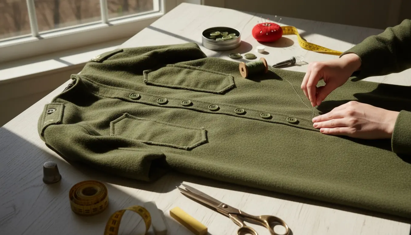 Grøn uldfrakke lagt på et bord mens hænder syr lommer og fem knapper med syudstyr ved siden af.