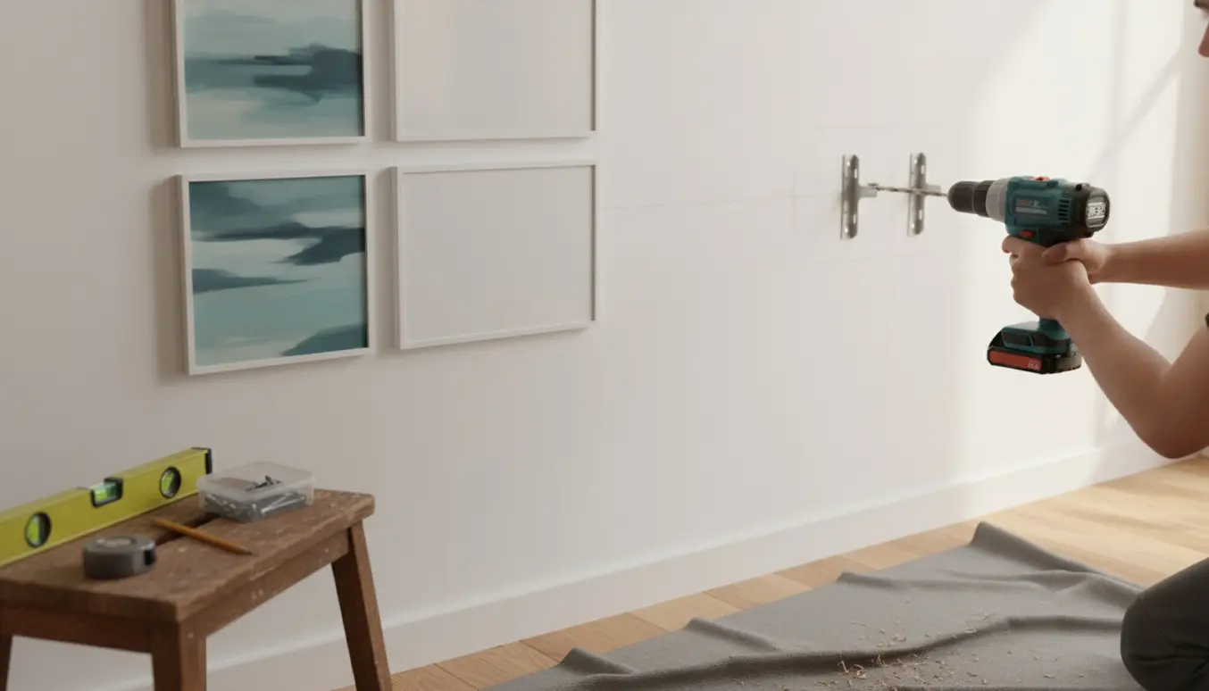 Nærbillede af en person, der bruger en boremaskine til at hænge to A2-maleri og to små whiteboards op på en hvid væg.