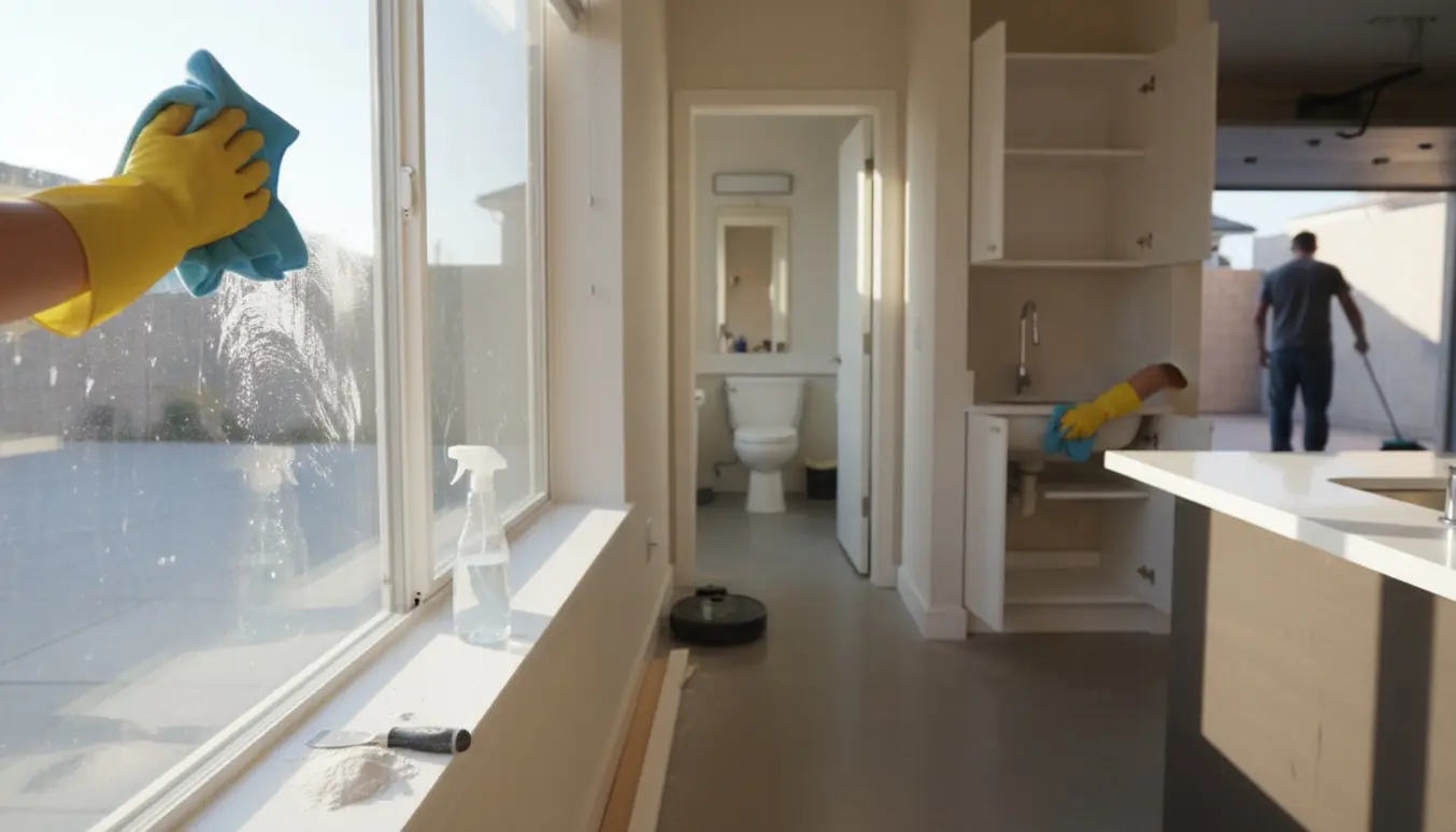 Person i gule handsker pudser vindue i en lejlighed klar til flytning med rengjorte lister, køkkenskabe og badeværelse i baggrunden.