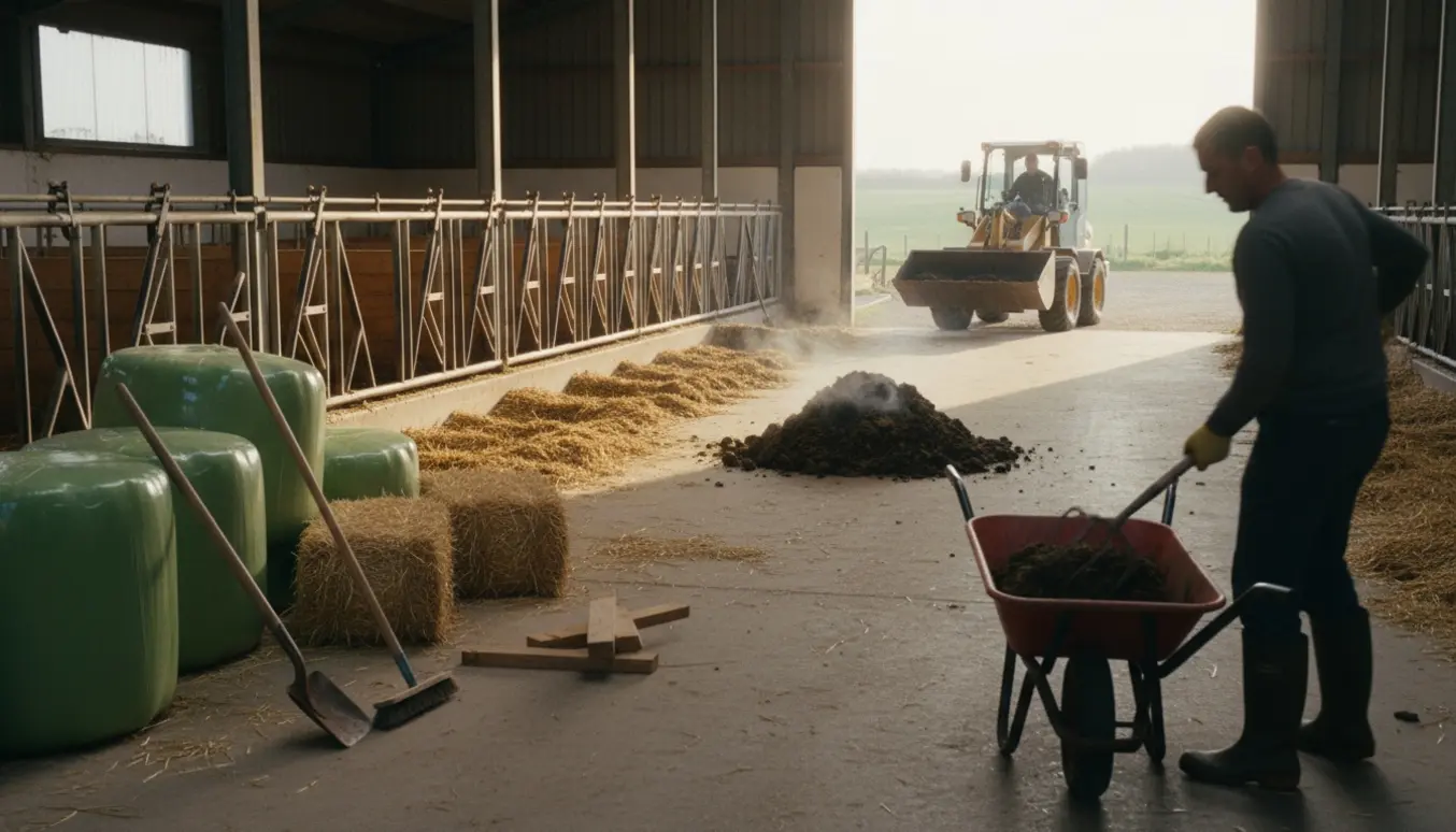 Soloplyst kostald med tømt båse, wrap- og halmballer og en person bagfra, der læsser mødding i en trillebør.