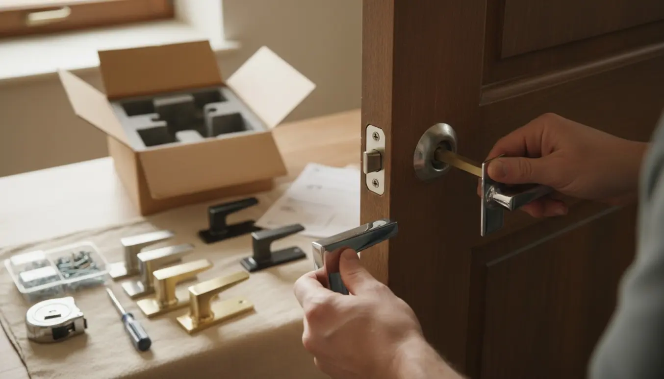 Nærbillede af en dør uden håndtag med hænder, værktøj og flere nye håndtag klar til montering.