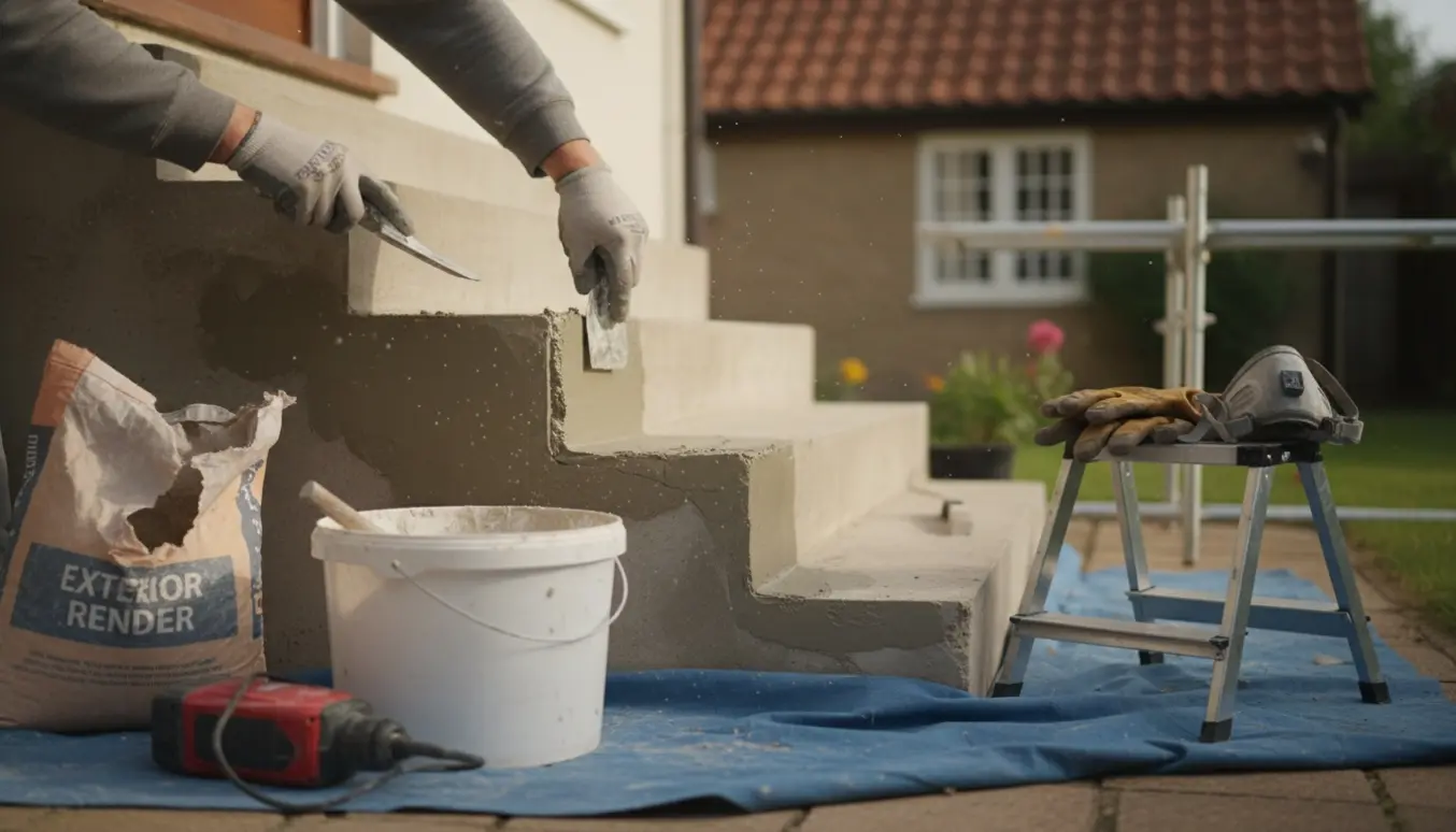 Nærbillede af udendørs trappeside under pudsreparation med våd mørtel og murske, kun hænder synlige.