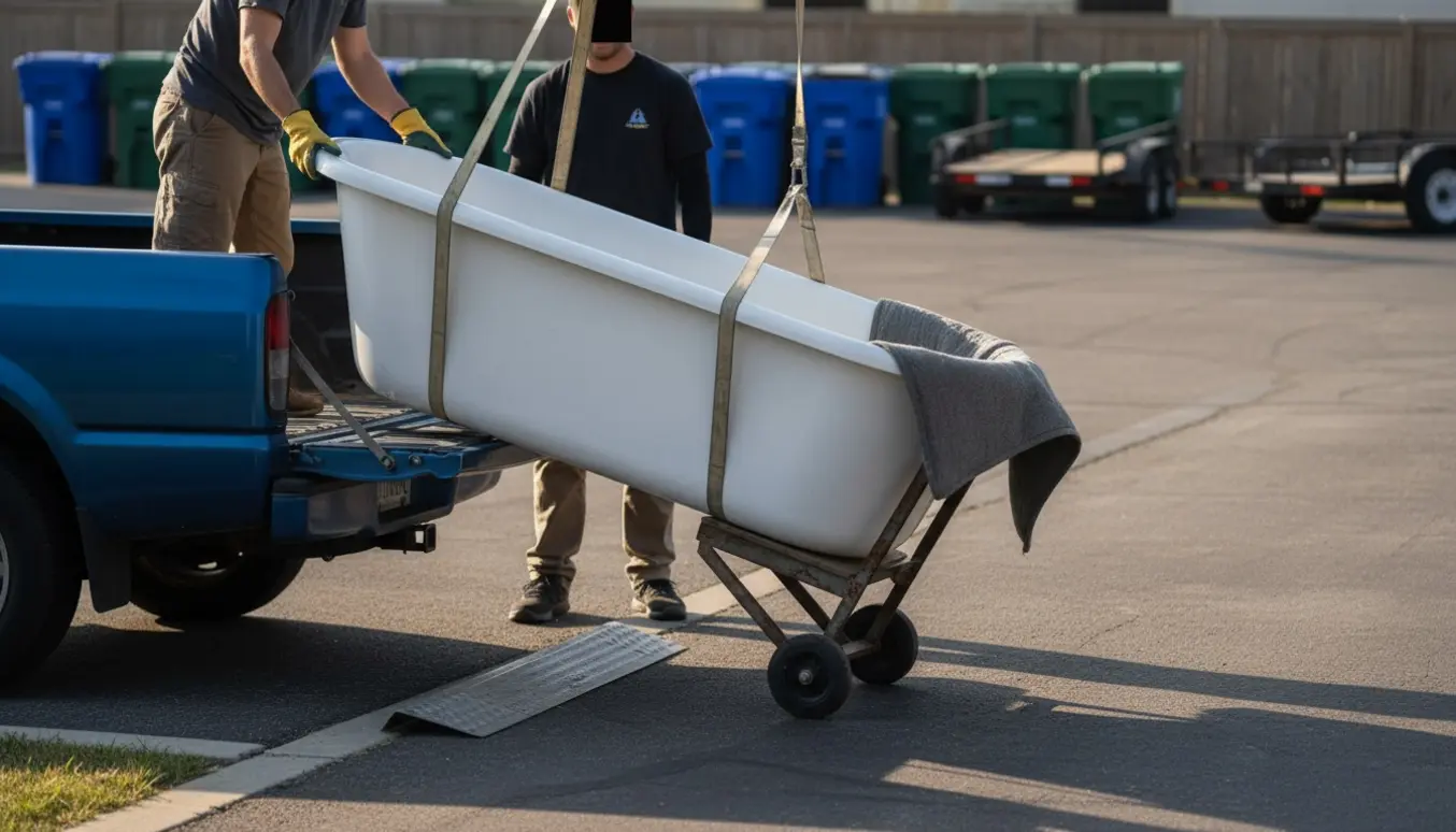 Et hvidt badekar læsses på en lille pickup i indkørslen klar til aflevering på genbrugsstationen.