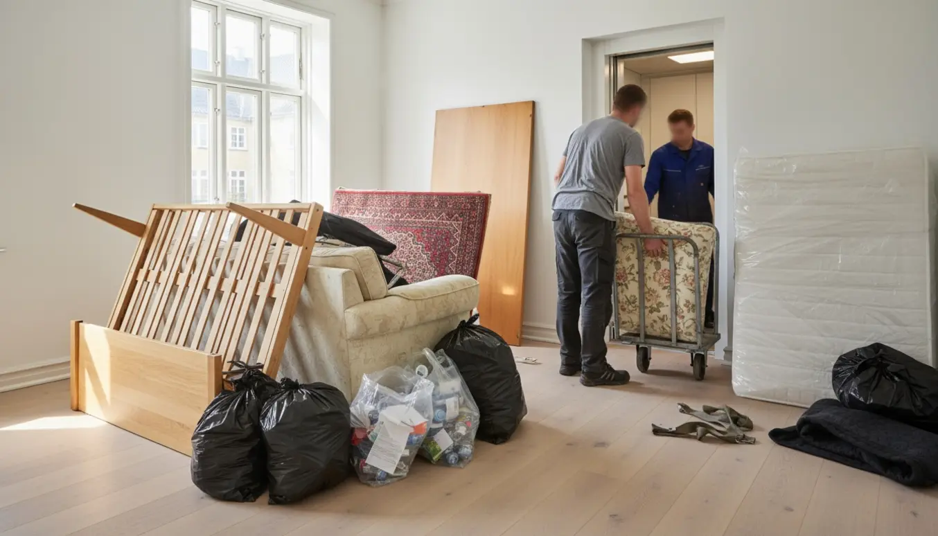 Møbler og affald stablet ved en åben elevator i en Christianshavn-lejlighed under rydning.