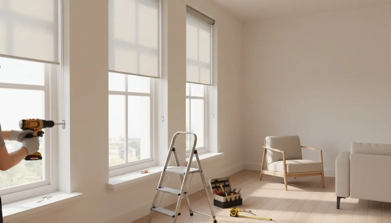 Hænder monterer persienner på tre side‑om‑side vinduer i en lys stue med værktøj på gulvet.