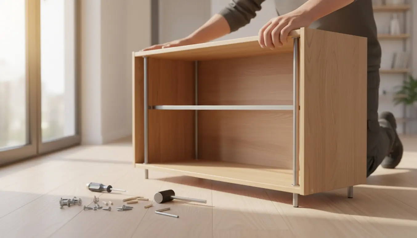 Nærbillede af hænder, der samler et skoskab med synligt indvendigt stålstel og håndværktøj i en lys entré.