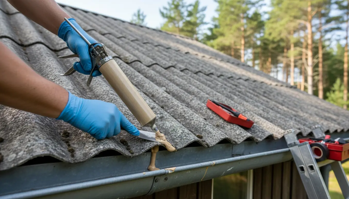 Nærbillede af hænder, der tætner en revne i to eternit tagplader ved tagrenden på et lavt sommerhus.
