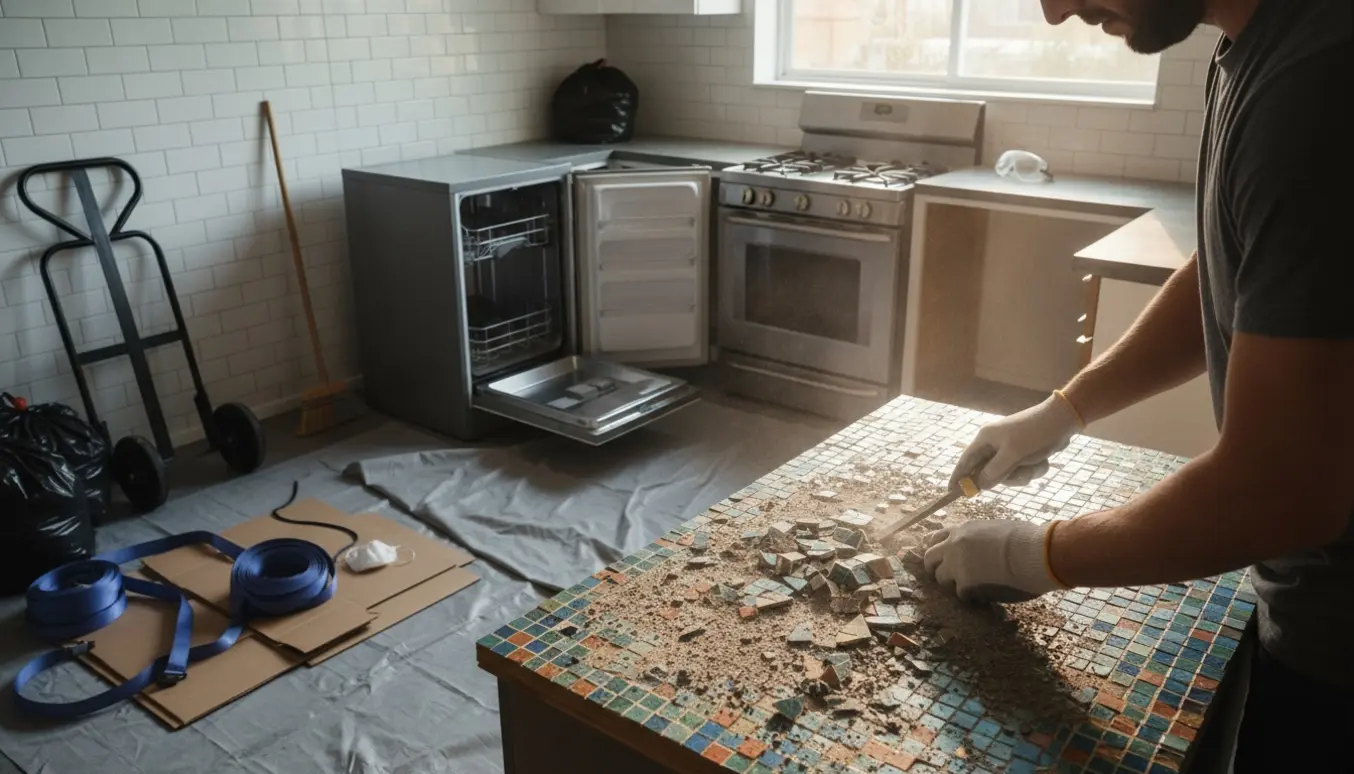 Mosaikbordplade bliver slået løs med mejsel over en opvaskemaskine, klar til bortskaffelse sammen med køleskab og komfur.