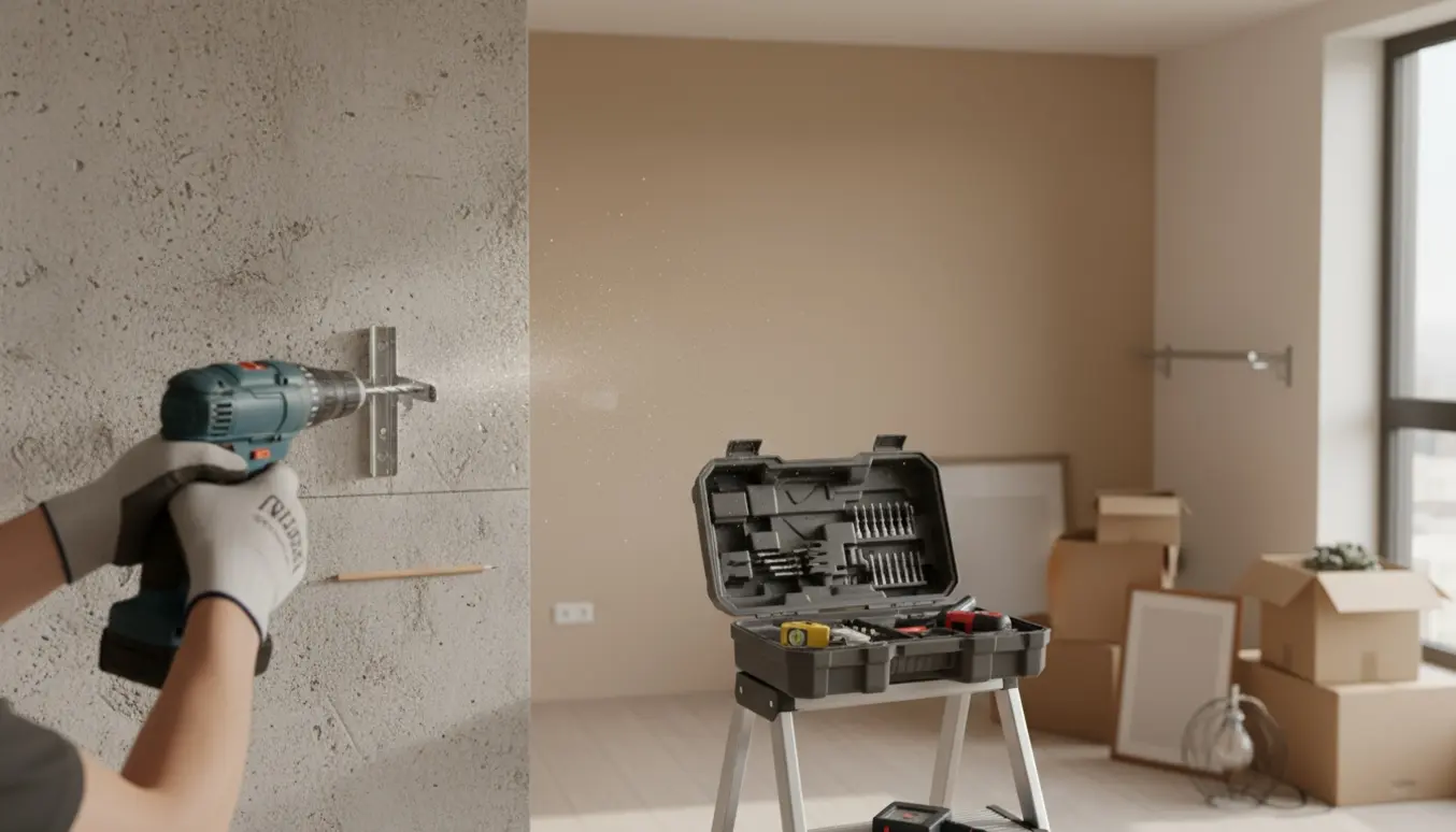 Hænder monterer hylde og gardinbeslag i en betonvæg under indflytning med værktøj og flyttekasser i baggrunden.