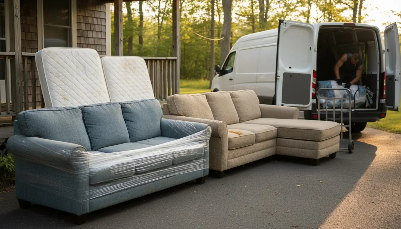 To sofaer og to enkeltsenge stillet klar på indkørsel ved sommerhus klar til afhentning.