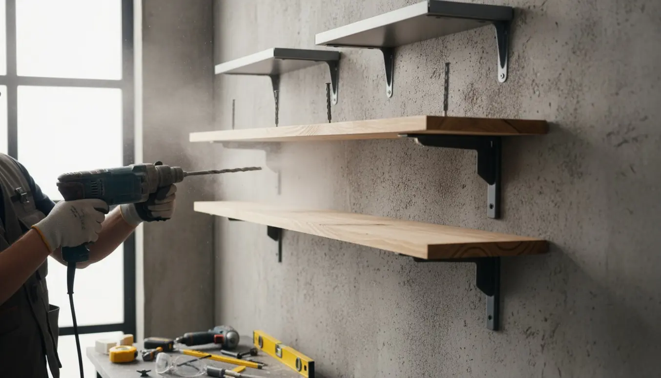 Nærbillede af montage af metal- og træhylder på en betonvæg med boremaskine og værktøj.
