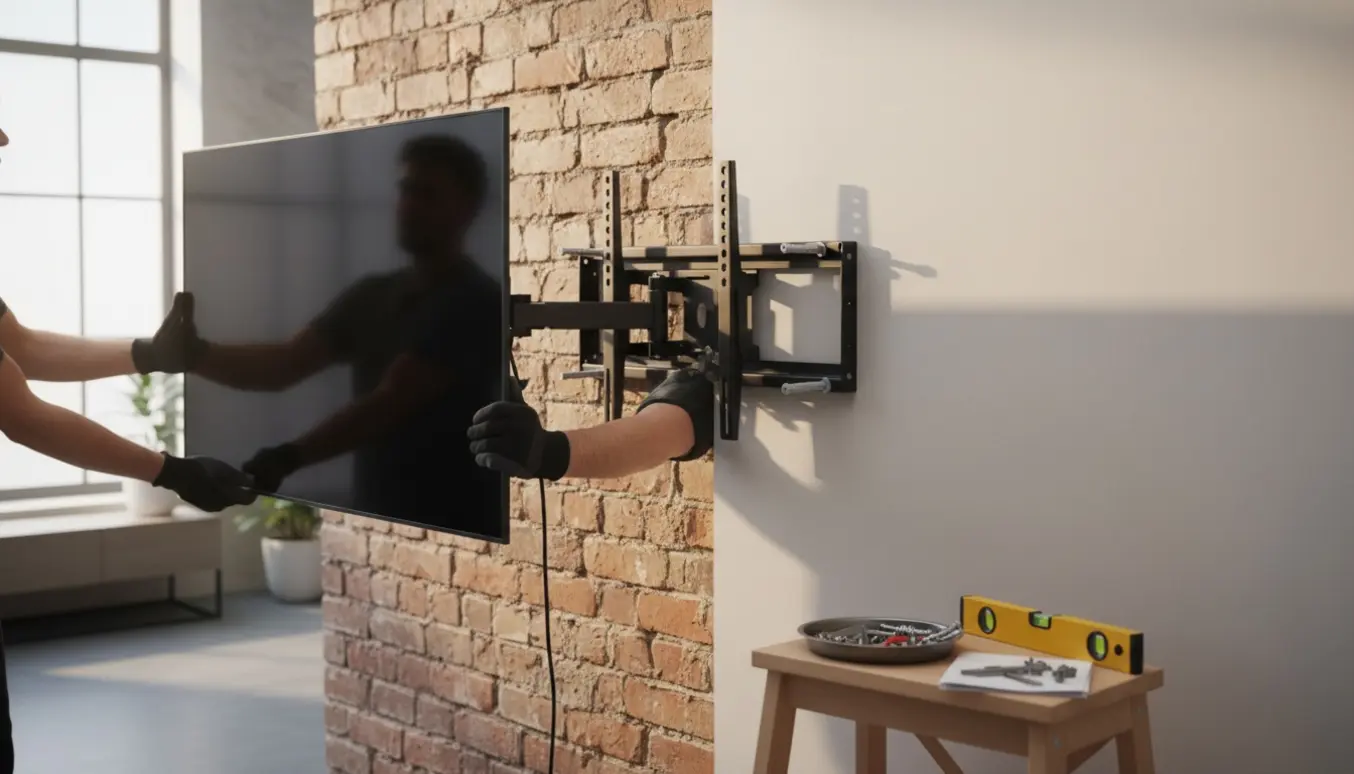 En håndværker monterer et cirka femoghalvtreds tommer fladskærms-tv på en væg med både murstens- og gipsflader.