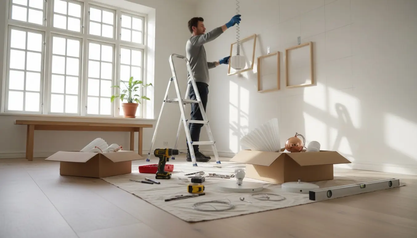 Hænder monterer lamper og ophænger billeder i et lyst, skandinavisk rækkehusinteriør.