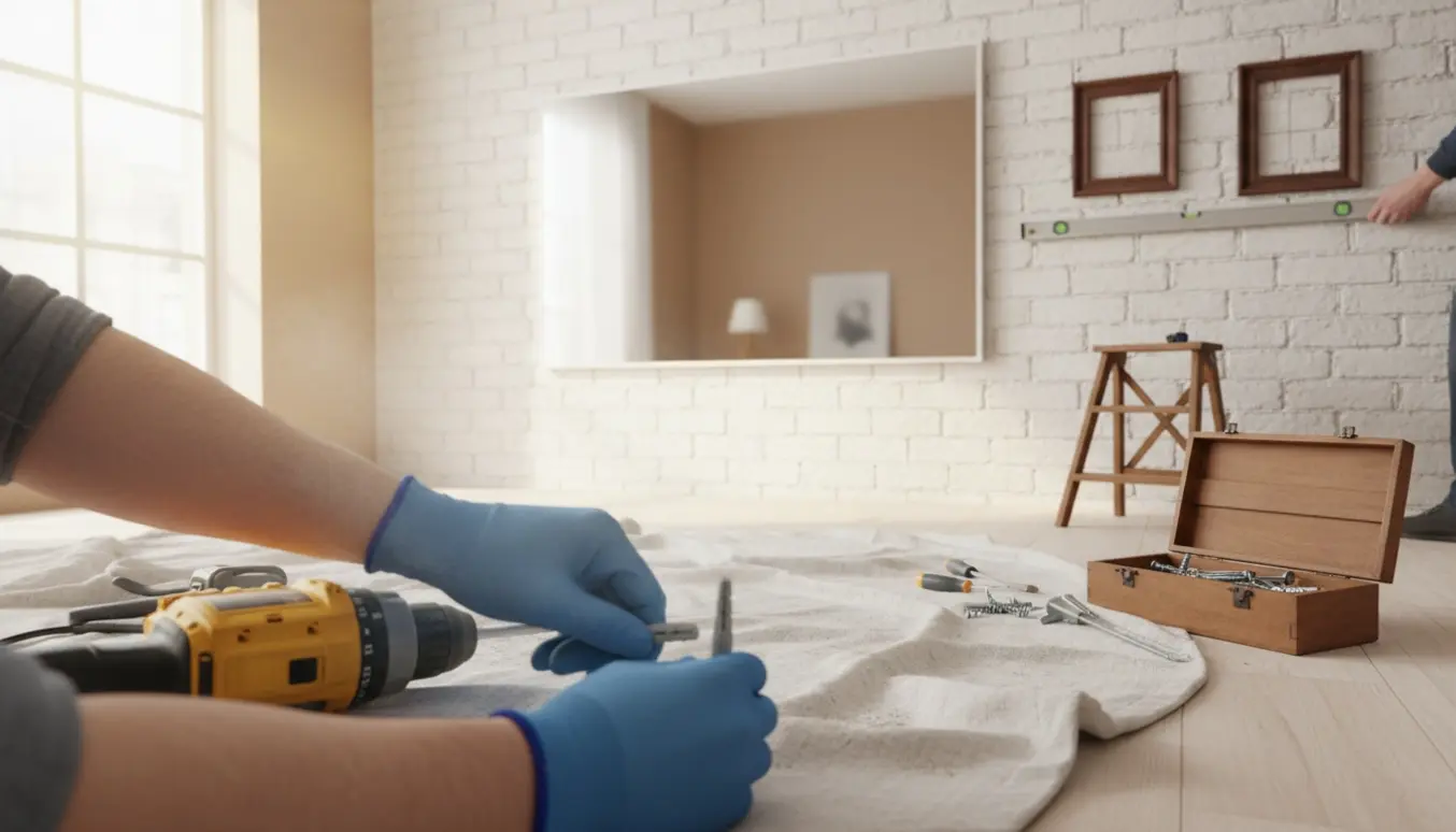 Nærbillede af hænder, der monterer et stort spejl og to billeder på en tyk væg med slagbor og rawlplugs.