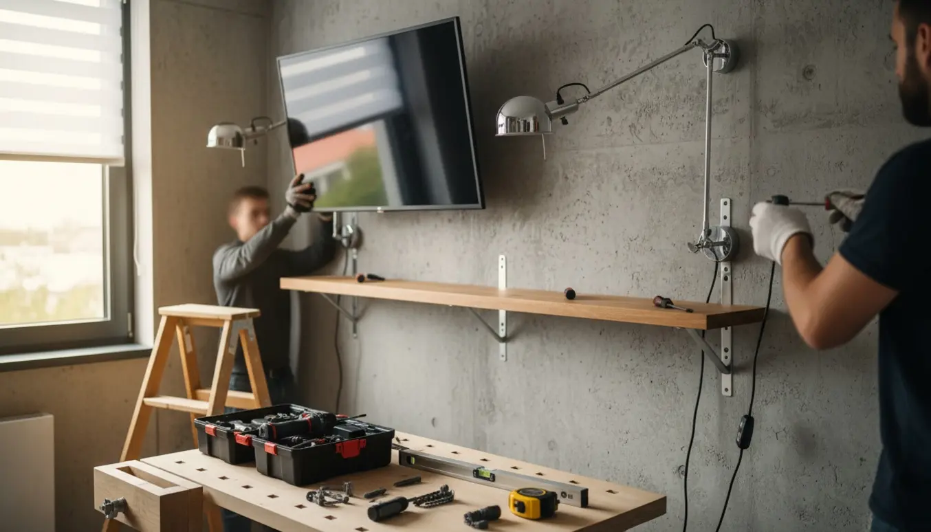 Værktøj foran en betonvæg mens lampe, hylder og rullegardin er ved at blive monteret.