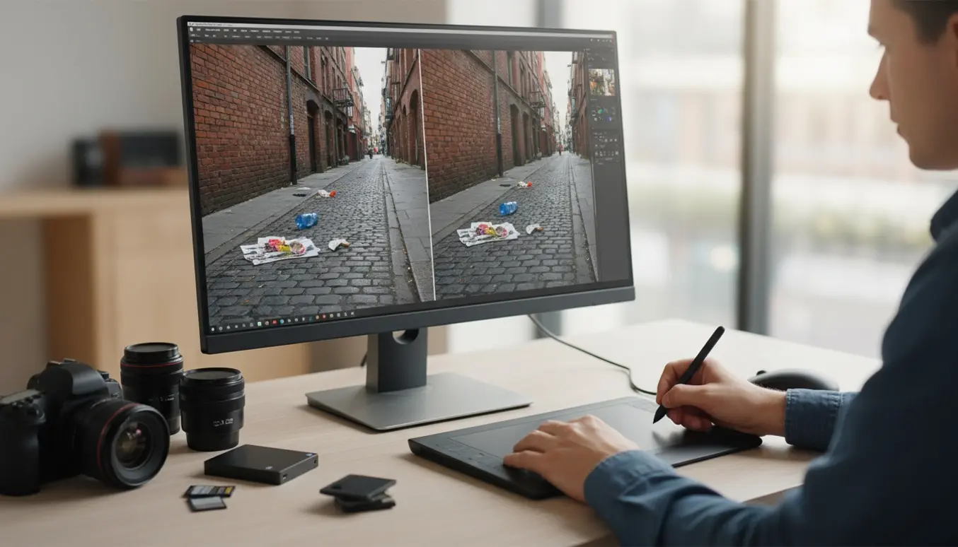 Billedredaktørs hænder retoucherer et gadefoto på skærmen for at fjerne affald.