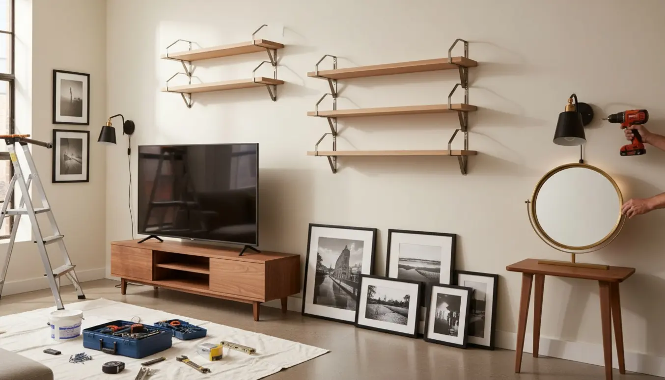 Hænder monterer hylder, billeder og spejl med LED, mens tv justeres og væghuller spartles i en lys stue.