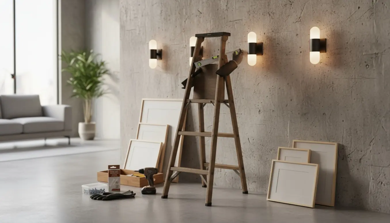 Trinladde foran en betonvæg med 4–5 indrammede billeder og tre lampetter klar til ophæng, hænder justerer rammerne.