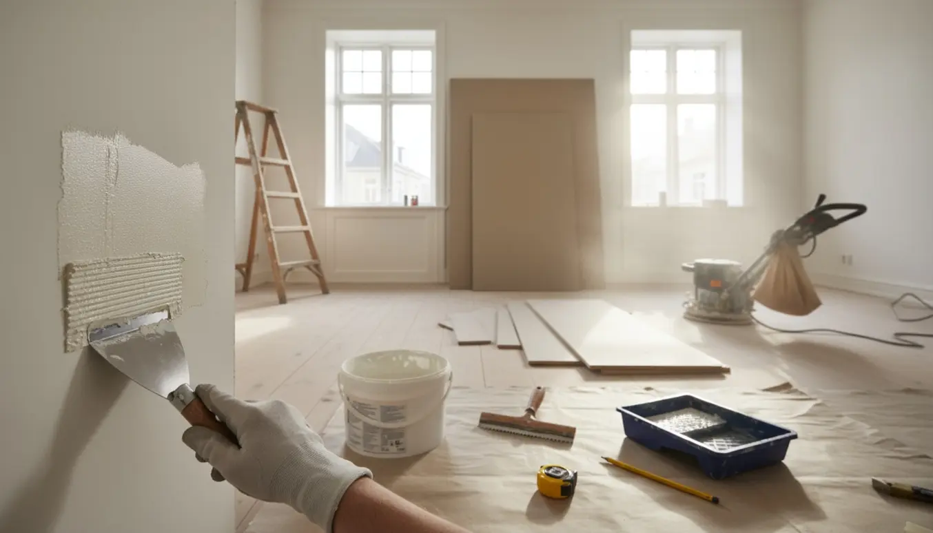 Renoveringsscene i en lejlighed med hænder, der spartler en væg, gipsplader, gulvbrædder og slibemaskine i dagslys.