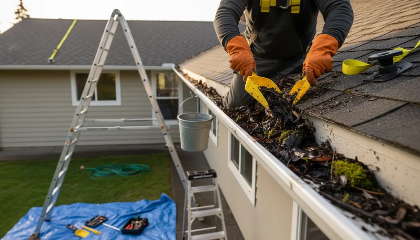 Rensning af tagrender på et vinkelhus med stiger og handsker, hvor vådt løv og mos fjernes.