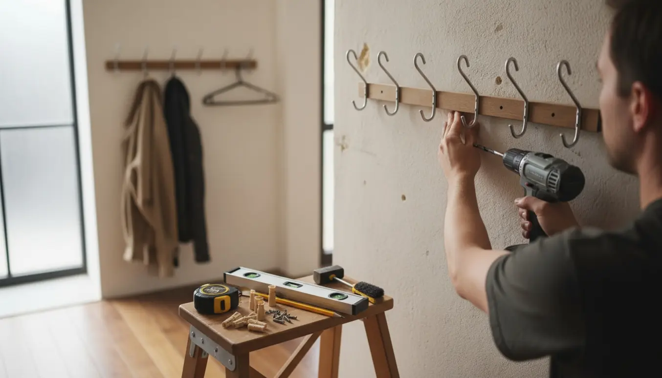 Hænder genopsætter en vægmonteret bøjle i en opgang med boremaskine, rawlplugs og værktøj klar.